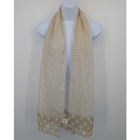 Vintage 100% Silk Talbots Striped & Polka Dot Scarf Wrap Beige White Japan Made - Picture 1 of 6